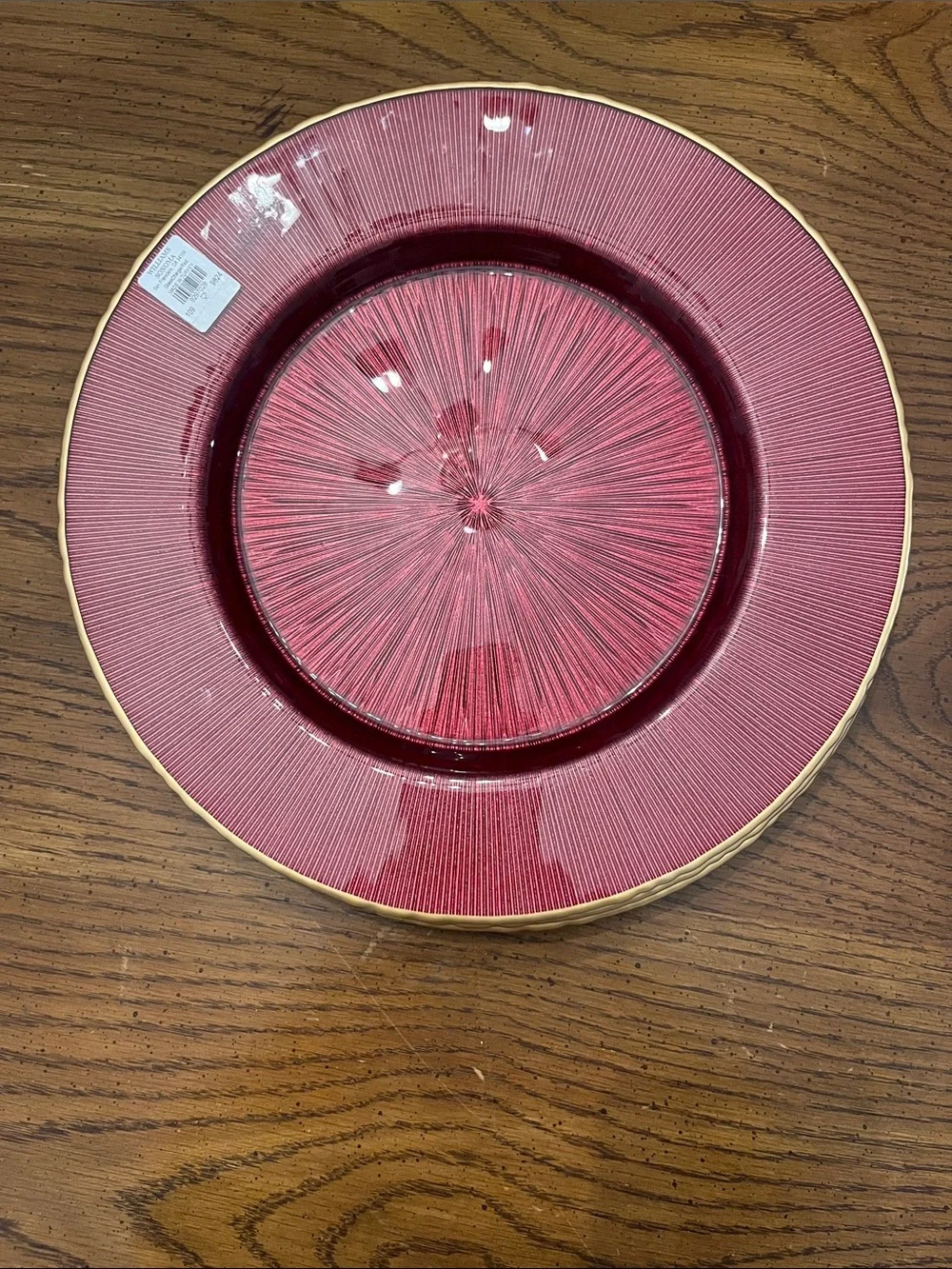 Williams Sonoma Red Charger Glass Plates with Gold Trim, new with tags
